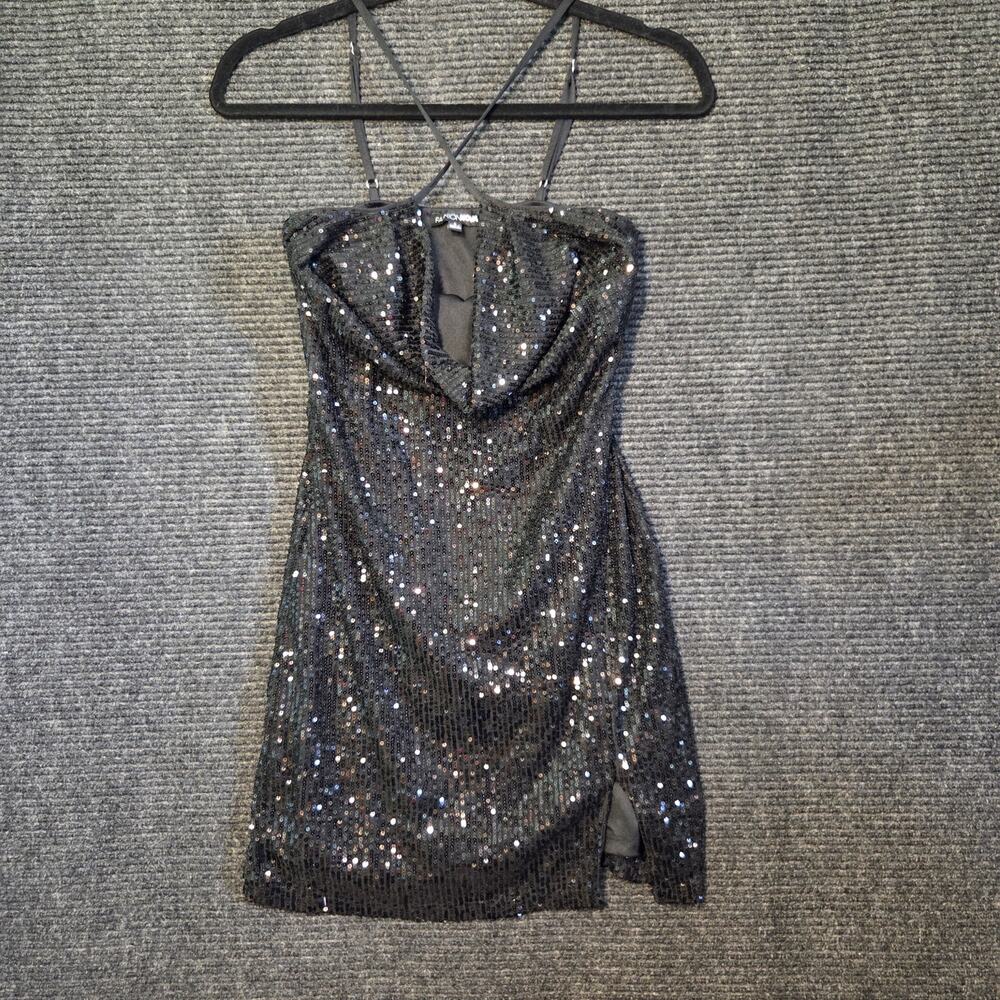 Black Sequin Cowl Neck Mini Dress Crossback Strappy Women's Small Fashion Nova
